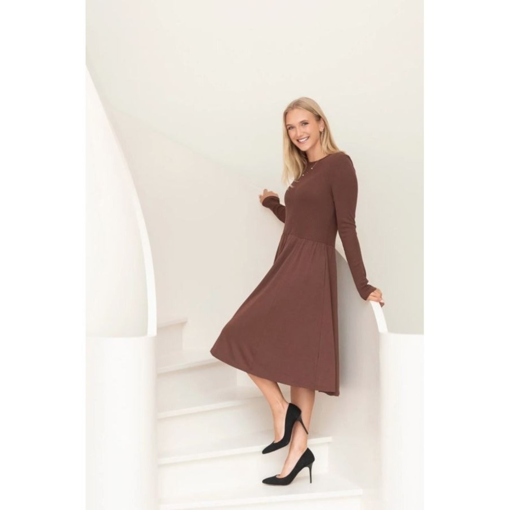 West K Womens Charlee Long Sleeve A-line Knit Dress with Pockets in Coffee Small